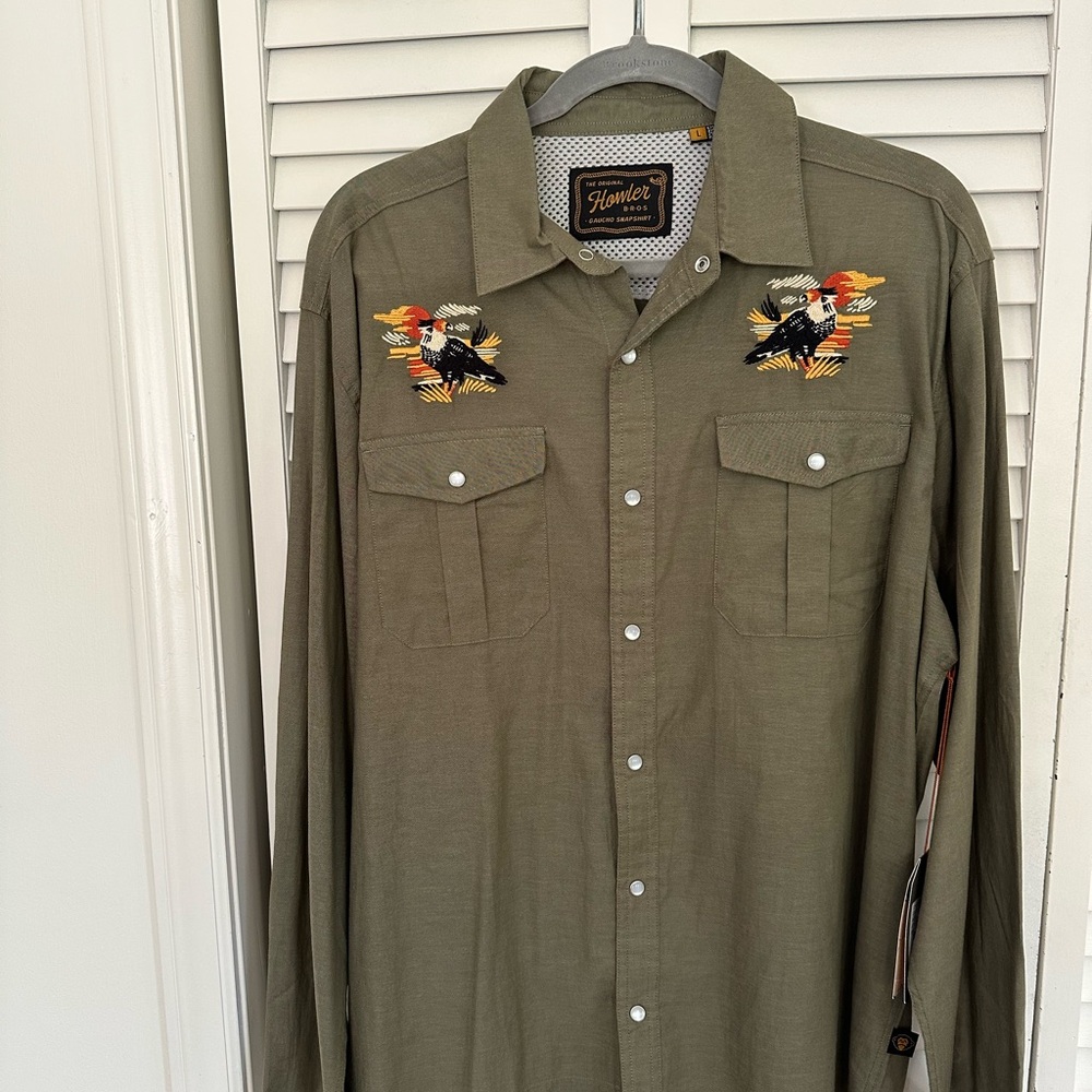 Howler Brothers Men's Olive Green Embroidered Western Shirt